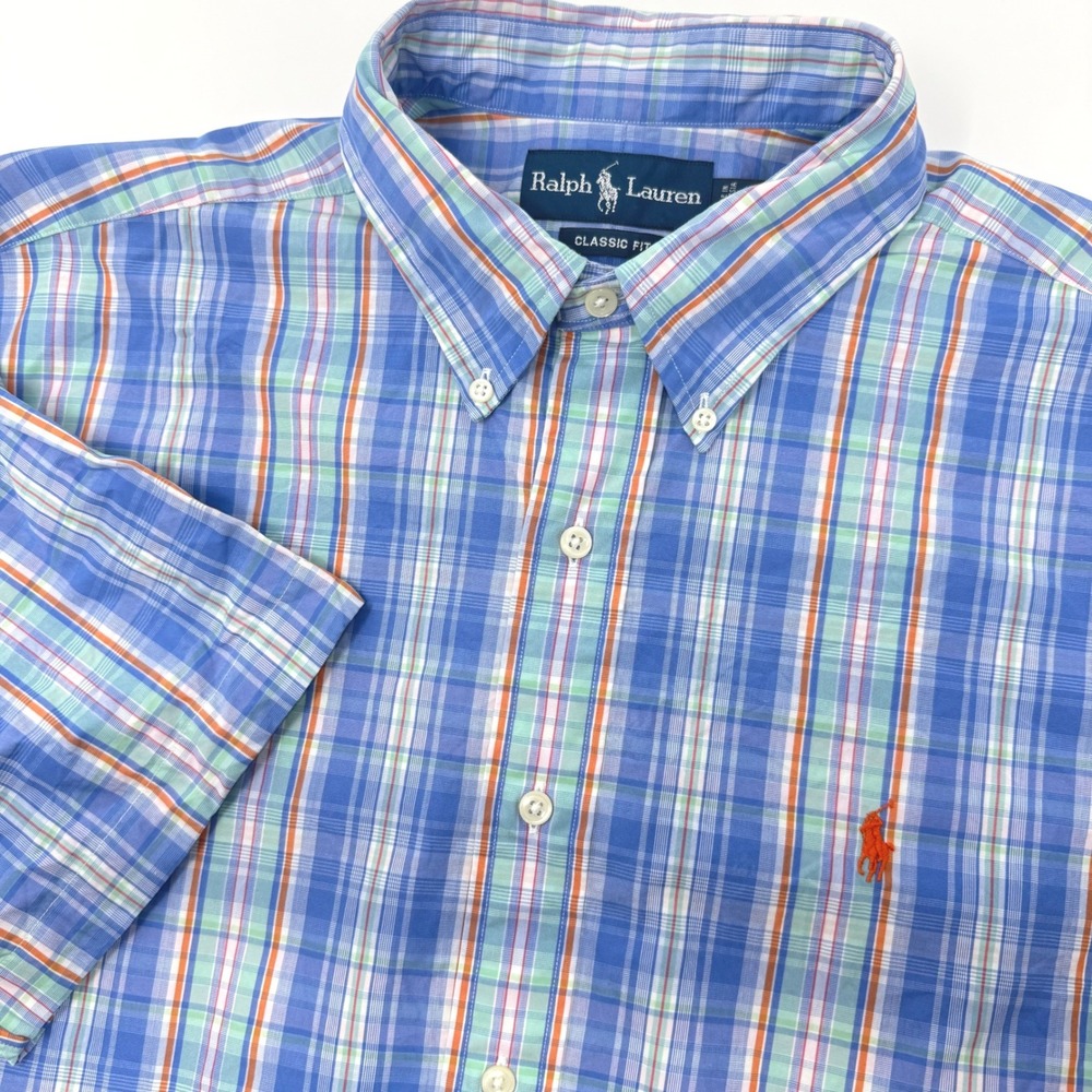 Ralph Lauren Mens‎ Large Classic Fit Plaid Short Sleeve Button Down Shirt Blue